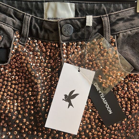 One Teaspoon Embellished Love Machine Jeans Wide Leg Dark Wash Sequin Studded - Picture 10 of 14